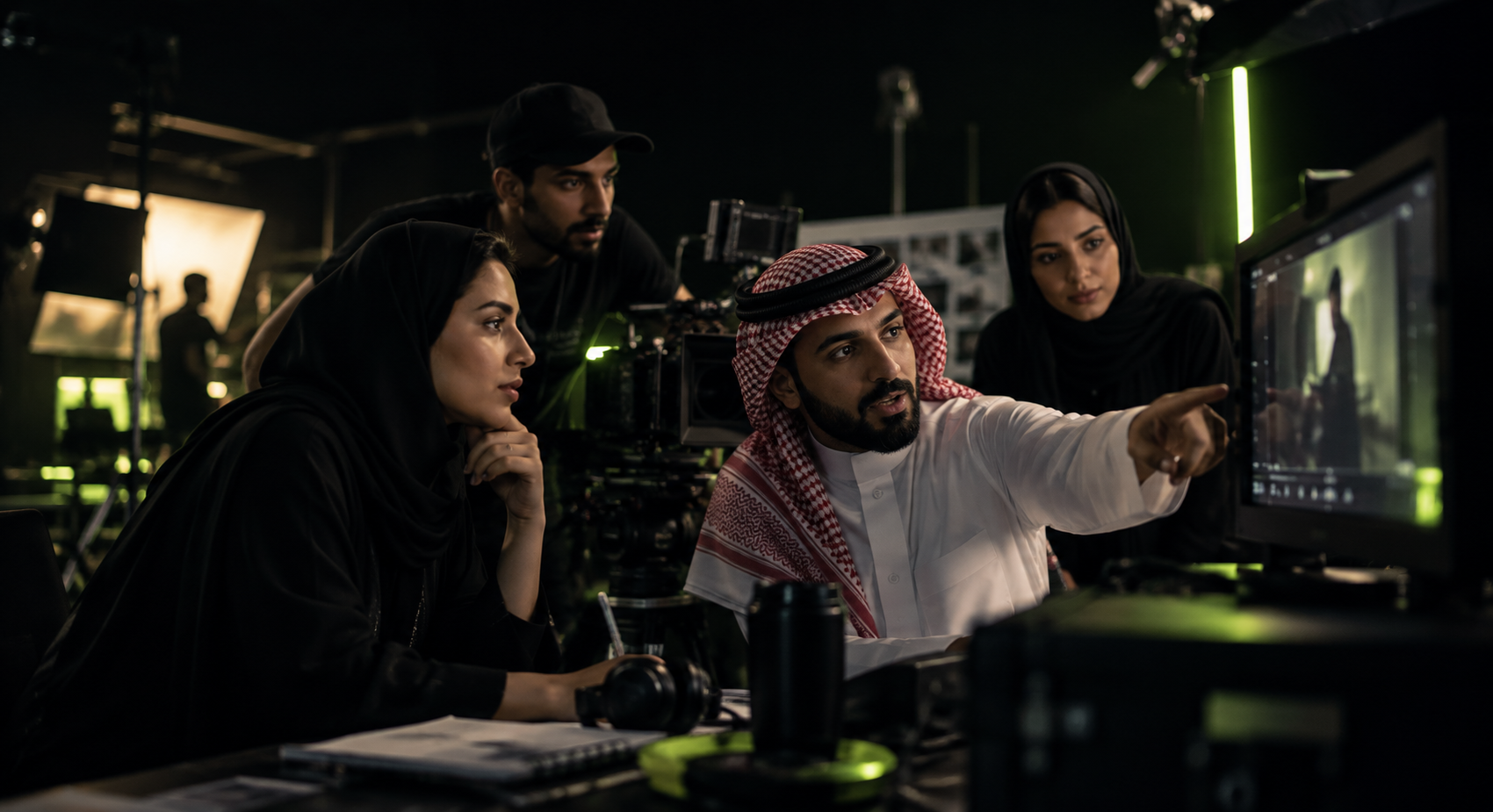 Saudi creative team reviewing footage on a production monitor beside a cinema camera