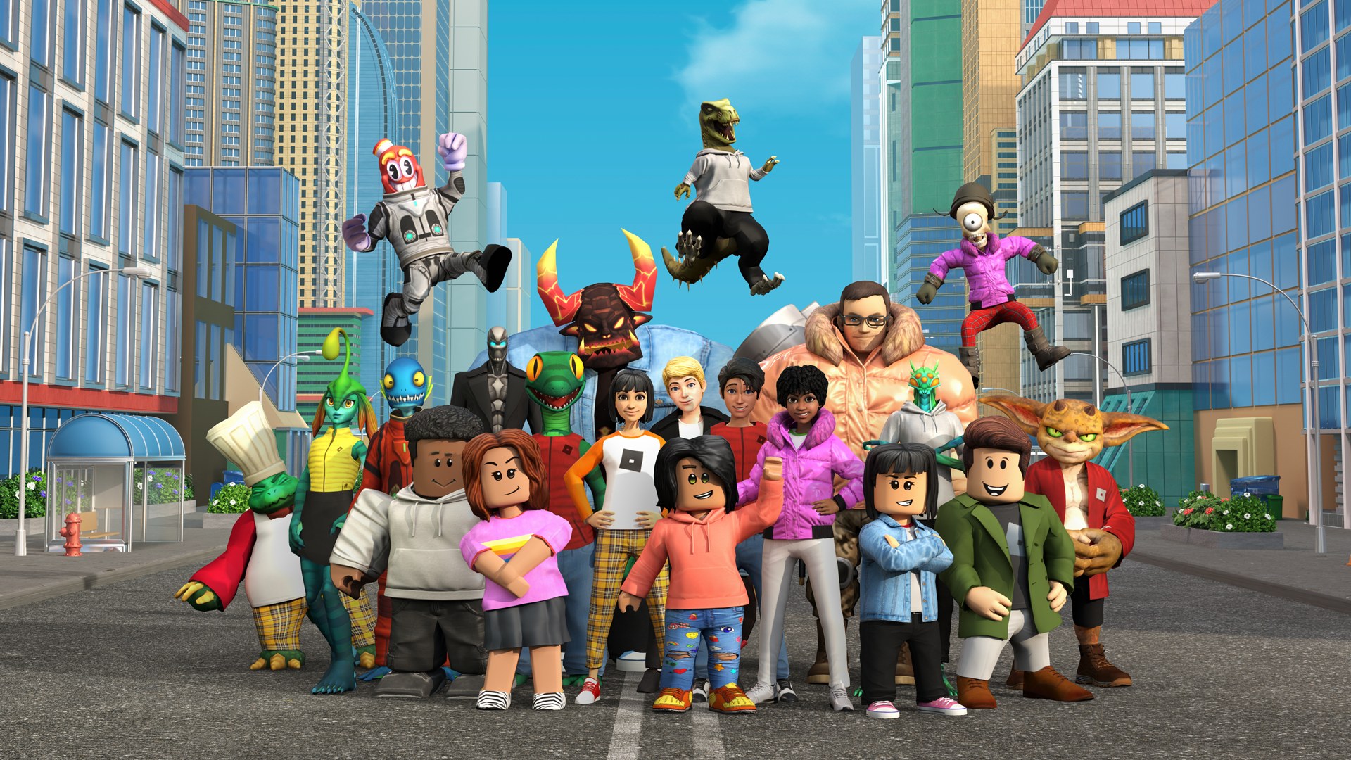 Concept visual: Roblox avatars gathered in a city street